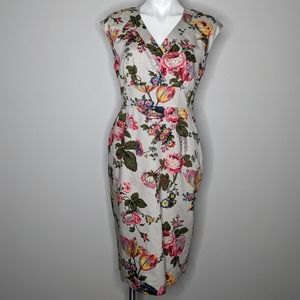 Joules grey pink floral bird v neck pencil dress 8